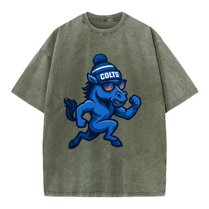 Indianapolis Colt Horse wearing Colts blue and white beanie with pom pom and - Vintage T-shirt - Army Green
