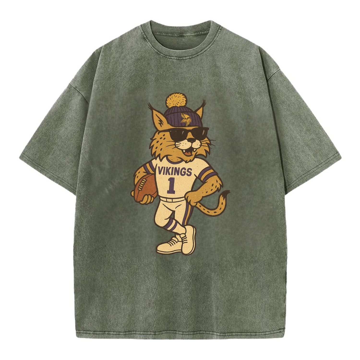 Minneapolis Lynx wearing Vikings beanie with Norse patch and wayfarer sunglasses - Vintage T-shirt - Army Green