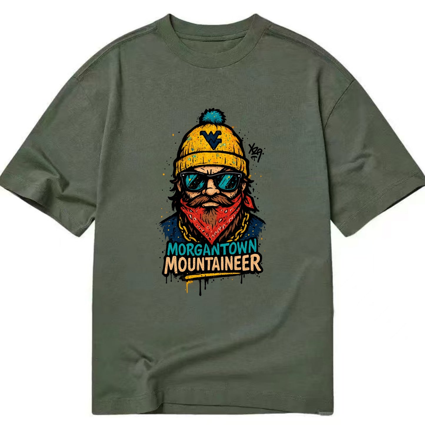 Morgantown Mountaineer wearing West Virginia beanie with WV patch - Classic T-shirt - Army Green