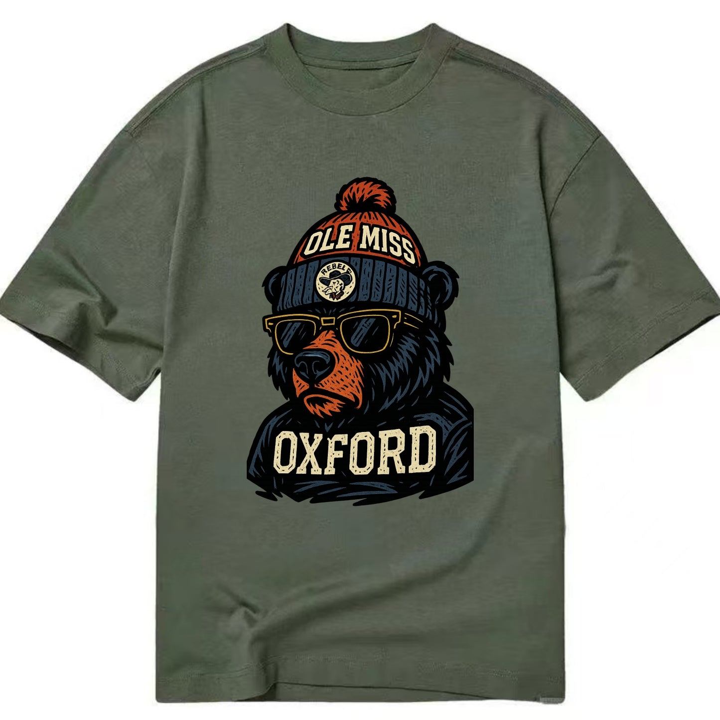 Oxford Black Bear wearing Ole Miss beanie with rebel patch - Classic T-shirt - Army Green