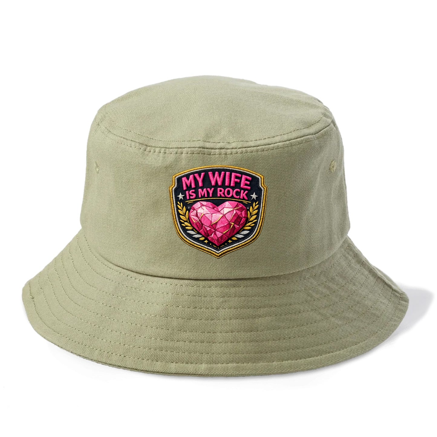 MY WIFE IS MY ROCK - pink rock heart - pink - solid wife - Bucket Hat - Army Green