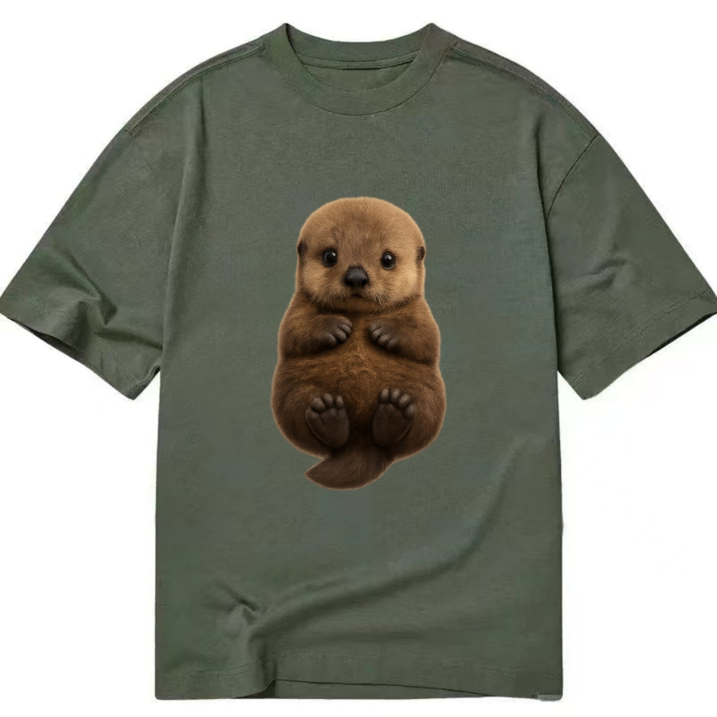 Baby Sea Otter - brown fluffy, floating on back, tiny paws, bright eyes, - Classic T-shirt - Army Green