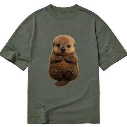 Baby Sea Otter - brown fluffy, floating on back, tiny paws, bright eyes, - Classic T-shirt - Army Green