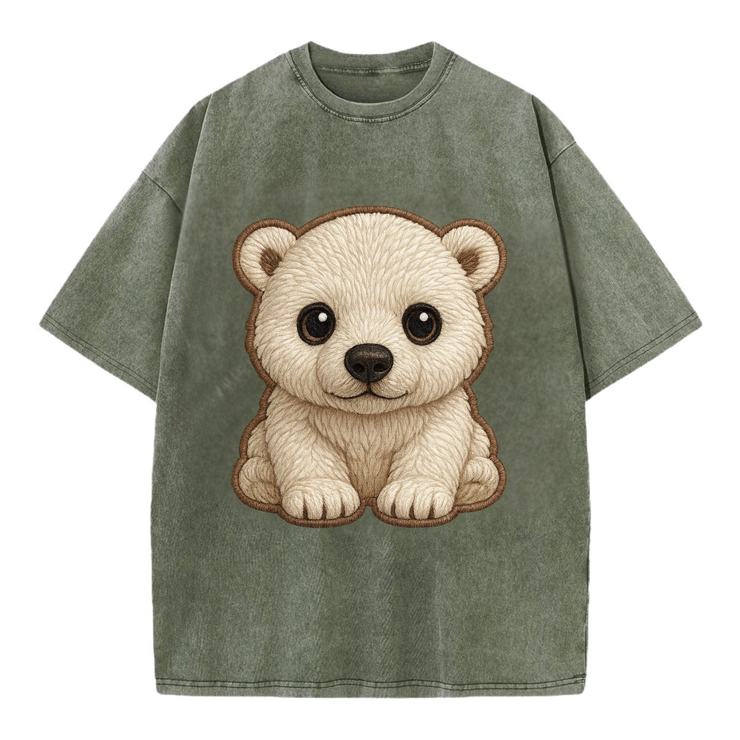 Baby Polar Bear Cub - white fluffy, black nose, dark curious eyes, front-facing, - Vintage T-shirt - Army Green