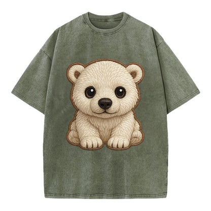 Baby Polar Bear Cub - white fluffy, black nose, dark curious eyes, front-facing, - Vintage T-shirt - Army Green