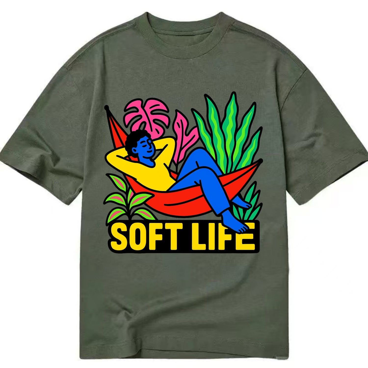 Person relaxing in hammock with plants - "soft life" aesthetic, peaceful living - Classic T-shirt - Army Green