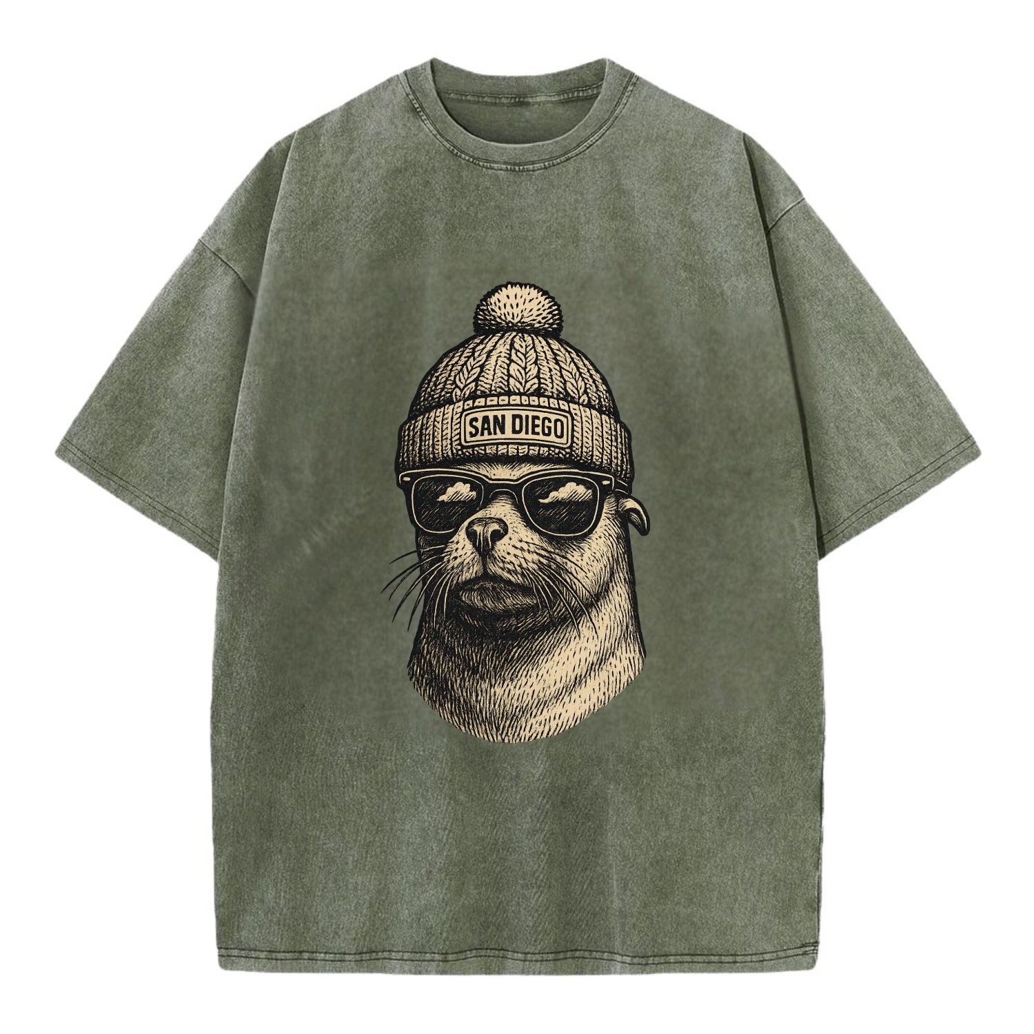 San Diego Sea Lion wearing San Diego beanie with pom pom and wayfarer sunglasses - Vintage T-shirt - Army Green