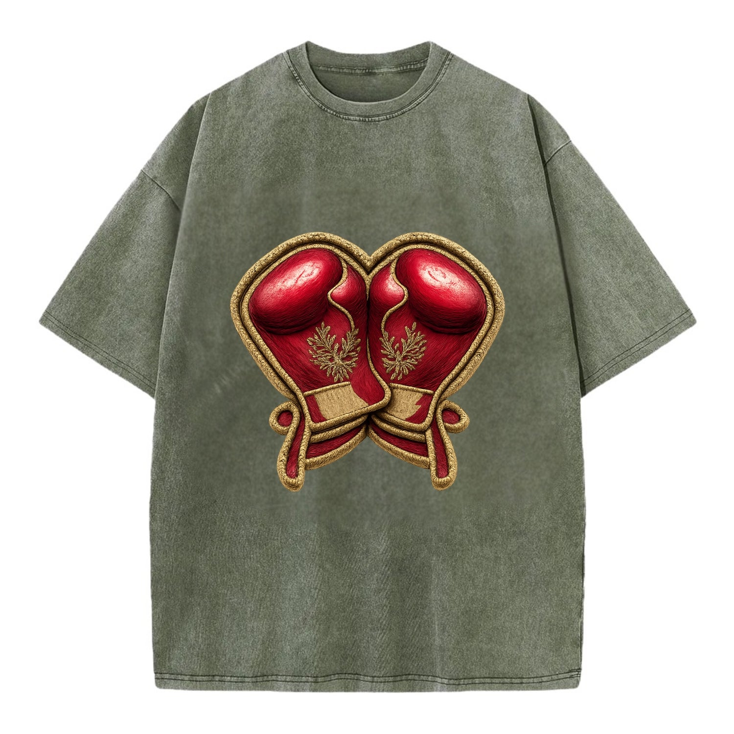 Embroidered patch design - BOXING GLOVES - red boxing gloves crossed in crimson - Vintage T-shirt - Army Green