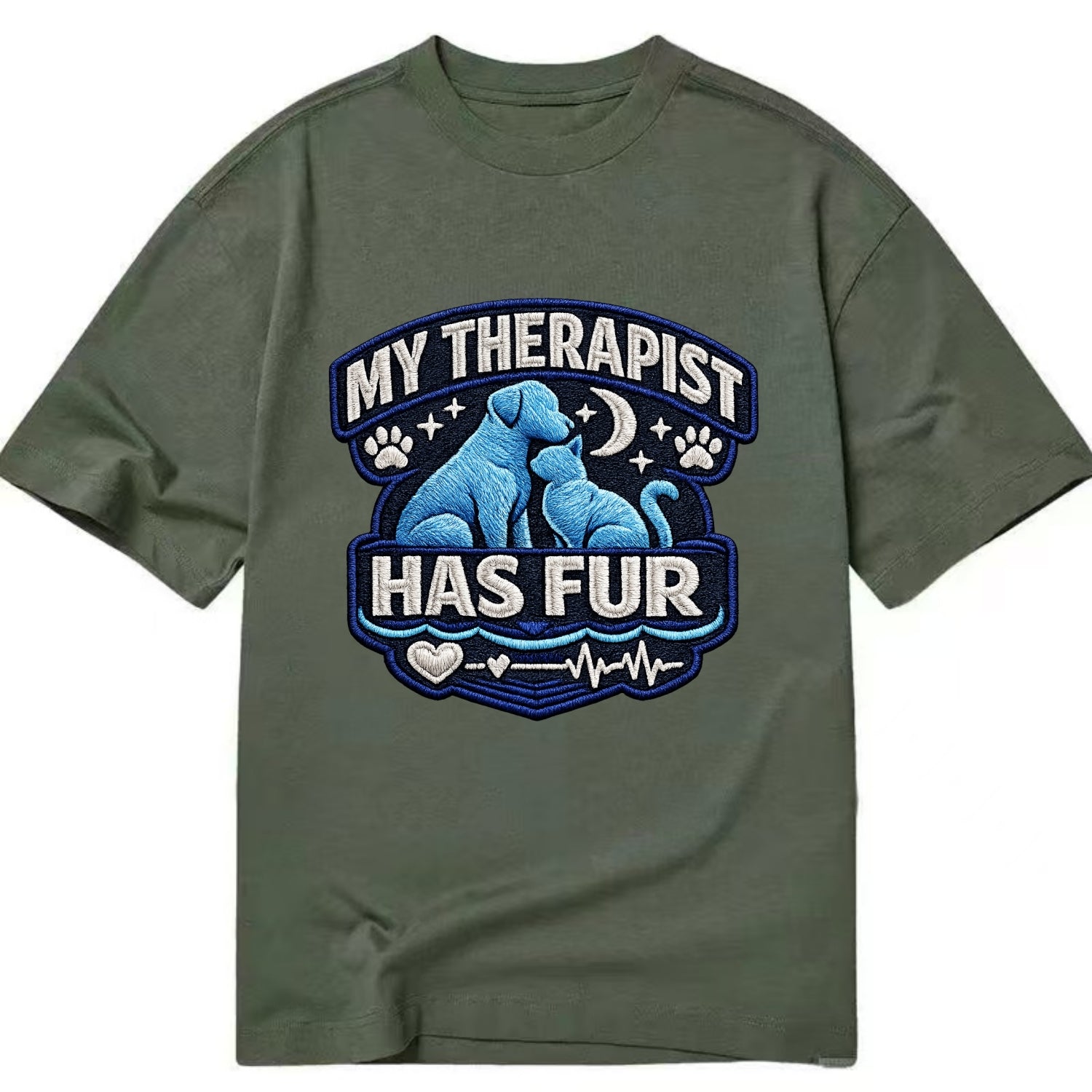 MY THERAPIST HAS FUR - pet silhouette in calming blue , emotional support - Classic T-shirt - Army Green
