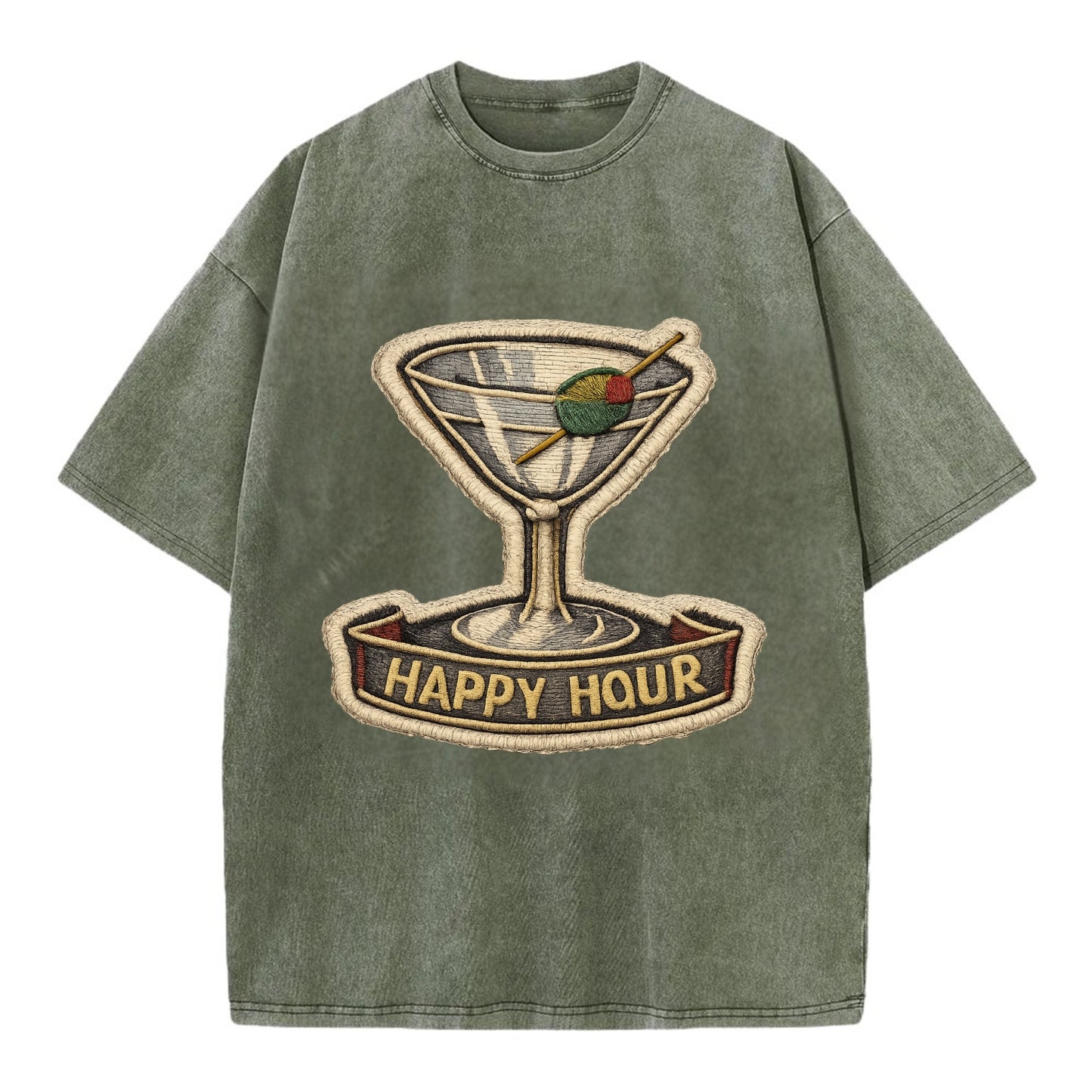 COCKTAIL MARTINI - martini glass with olive in silver and green , happy hour - Vintage T-shirt - Army Green