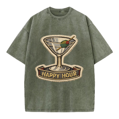 COCKTAIL MARTINI - martini glass with olive in silver and green , happy hour - Vintage T-shirt - Army Green