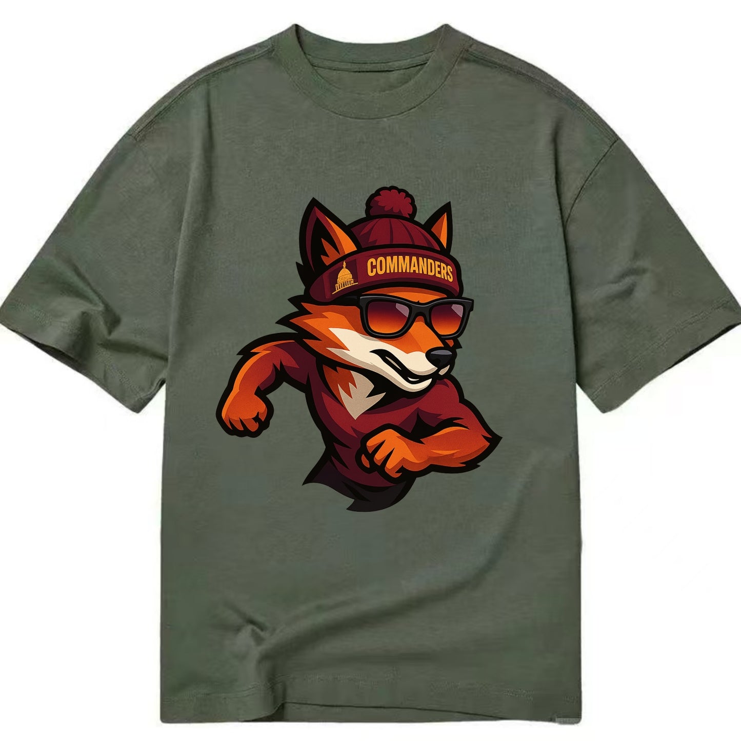Washington Fox wearing Commanders beanie with Capitol patch and wayfarer - Classic T-shirt - Army Green