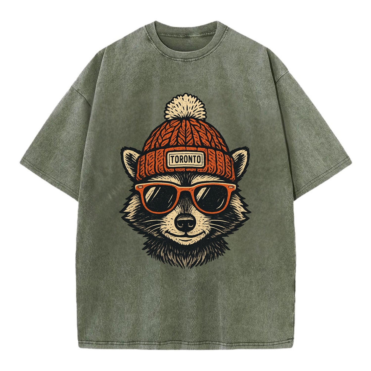 Toronto Raccoon wearing Toronto beanie with pom pom and wayfarer sunglasses - Vintage T-shirt - Army Green