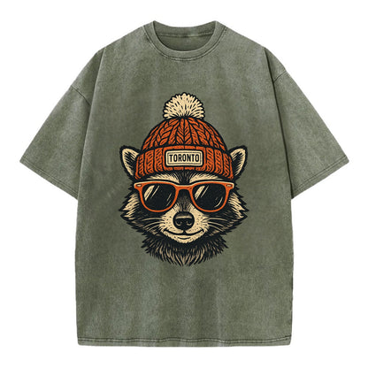 Toronto Raccoon wearing Toronto beanie with pom pom and wayfarer sunglasses - Vintage T-shirt - Army Green