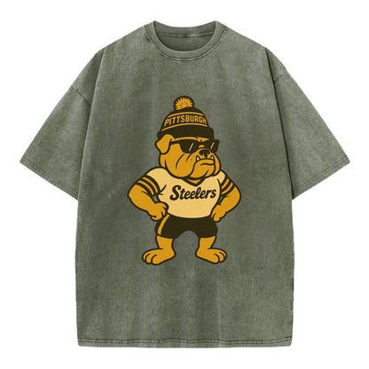 Pittsburgh Bulldog wearing Steelers black and gold beanie with pom pom and - Vintage T-shirt - Army Green