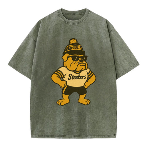 Pittsburgh Bulldog wearing Steelers black and gold beanie with pom pom and - Vintage T-shirt