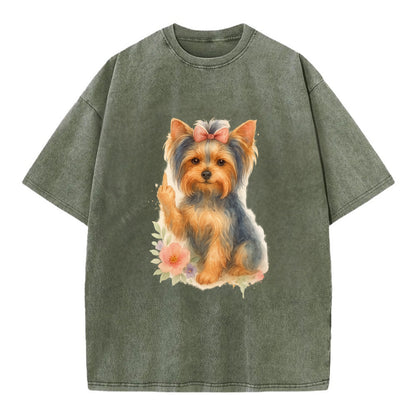 Yorkshire Terrier with topknot bow, one delicate paw flipping off - Vintage T-shirt - Army Green