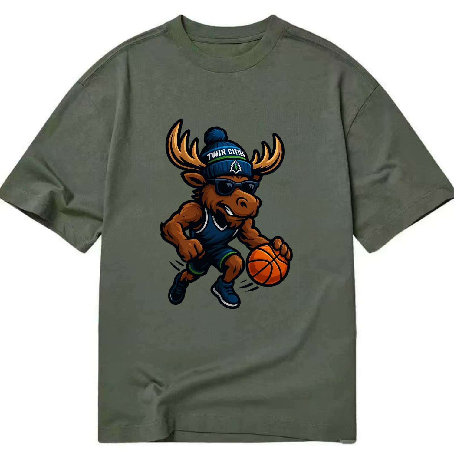 Twin Cities Moose wearing Timberwolves beanie with pine tree patch and wayfarer - Classic T-shirt - Army Green