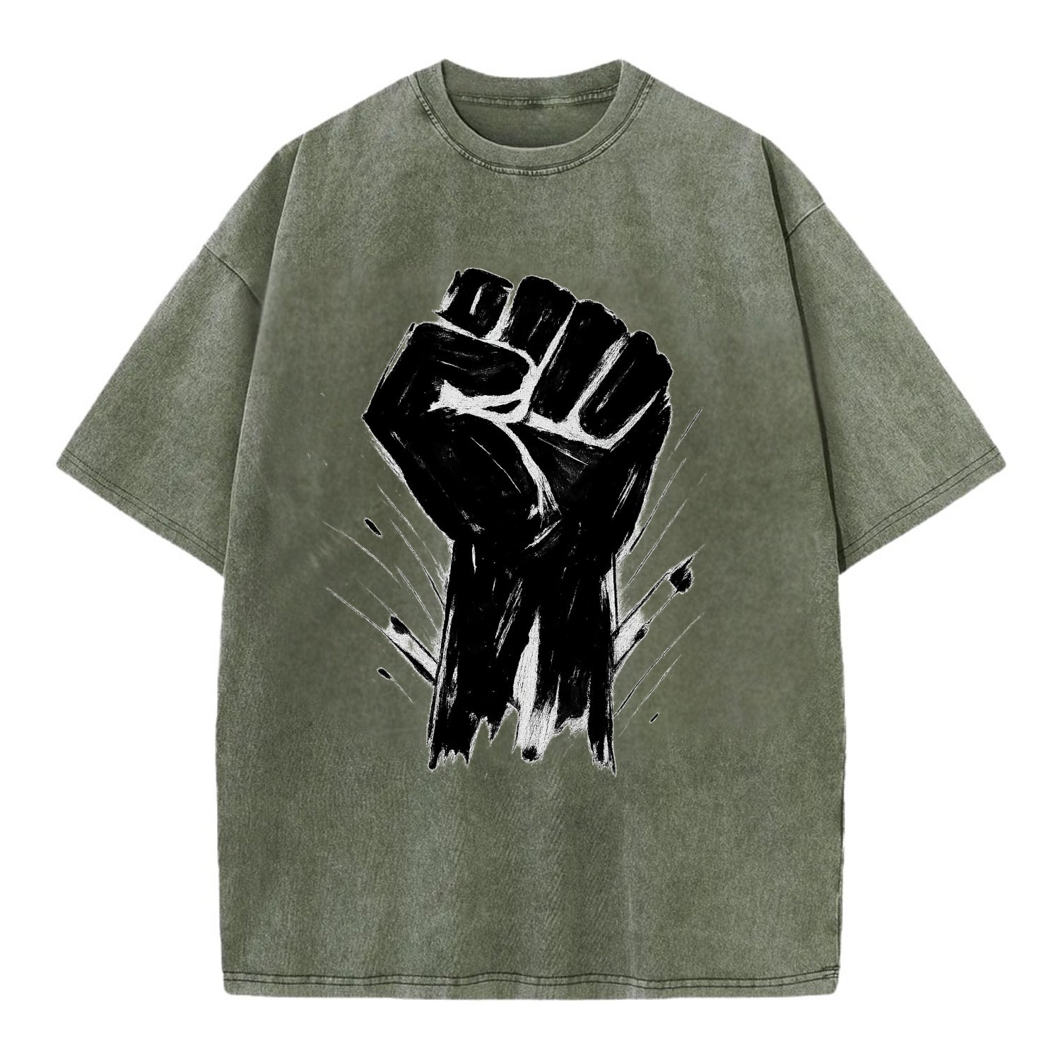 Raised fist in bold black ink brushstrokes - symbol of solidarity and resistance - Vintage T-shirt - Army Green