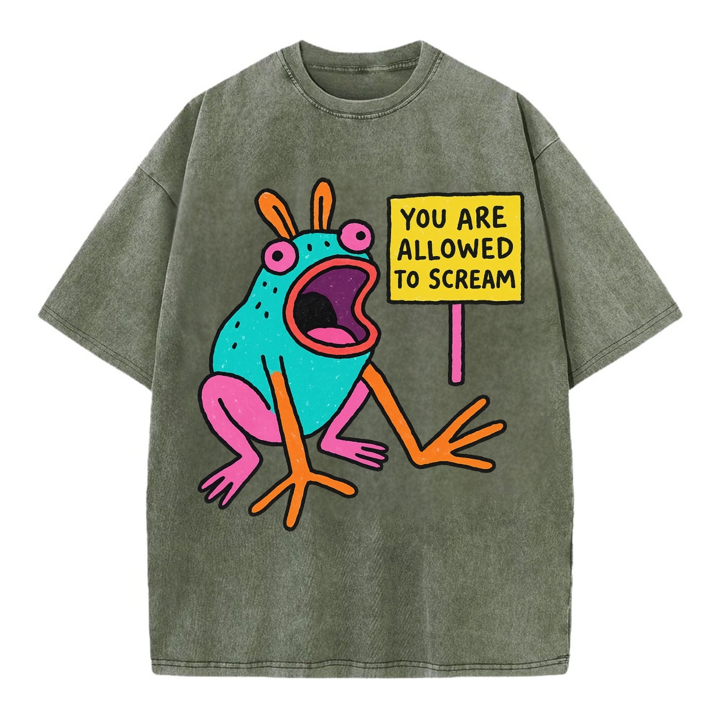 YOU ARE ALLOWED TO SCREAM | Open-mouthed frog mid-scream - Vintage T-shirt - Army Green