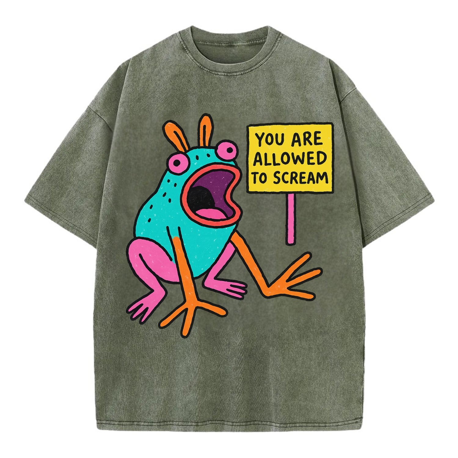 YOU ARE ALLOWED TO SCREAM | Open-mouthed frog mid-scream - Vintage T-shirt - Army Green