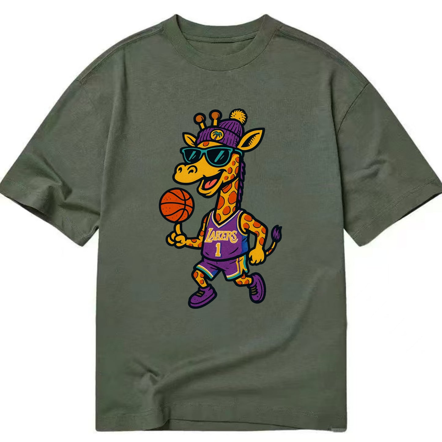 California Giraffe wearing Lakers beanie with palm tree patch and wayfarer - Classic T-shirt - Army Green
