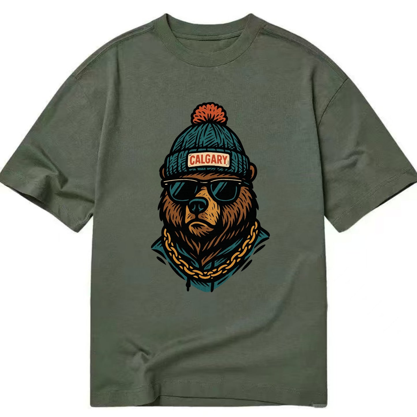 Calgary Grizzly Bear wearing Calgary beanie with pom pom and wayfarer sunglasses - Classic T-shirt - Army Green
