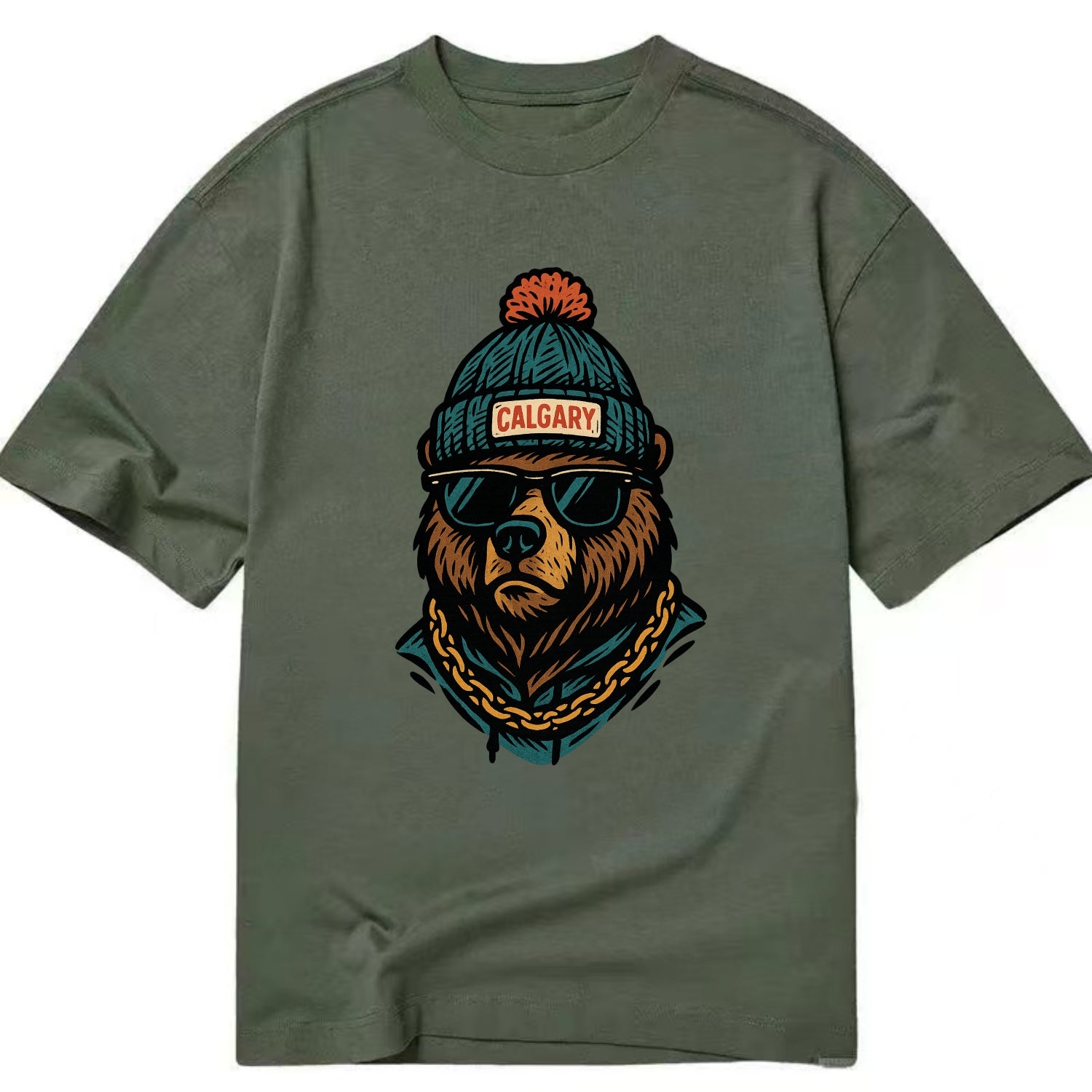 Calgary Grizzly Bear wearing Calgary beanie with pom pom and wayfarer sunglasses - Classic T-shirt - Army Green