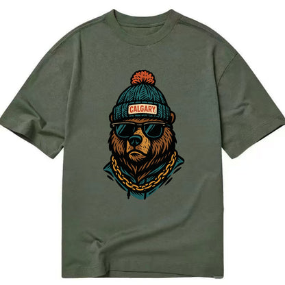 Calgary Grizzly Bear wearing Calgary beanie with pom pom and wayfarer sunglasses - Classic T-shirt - Army Green