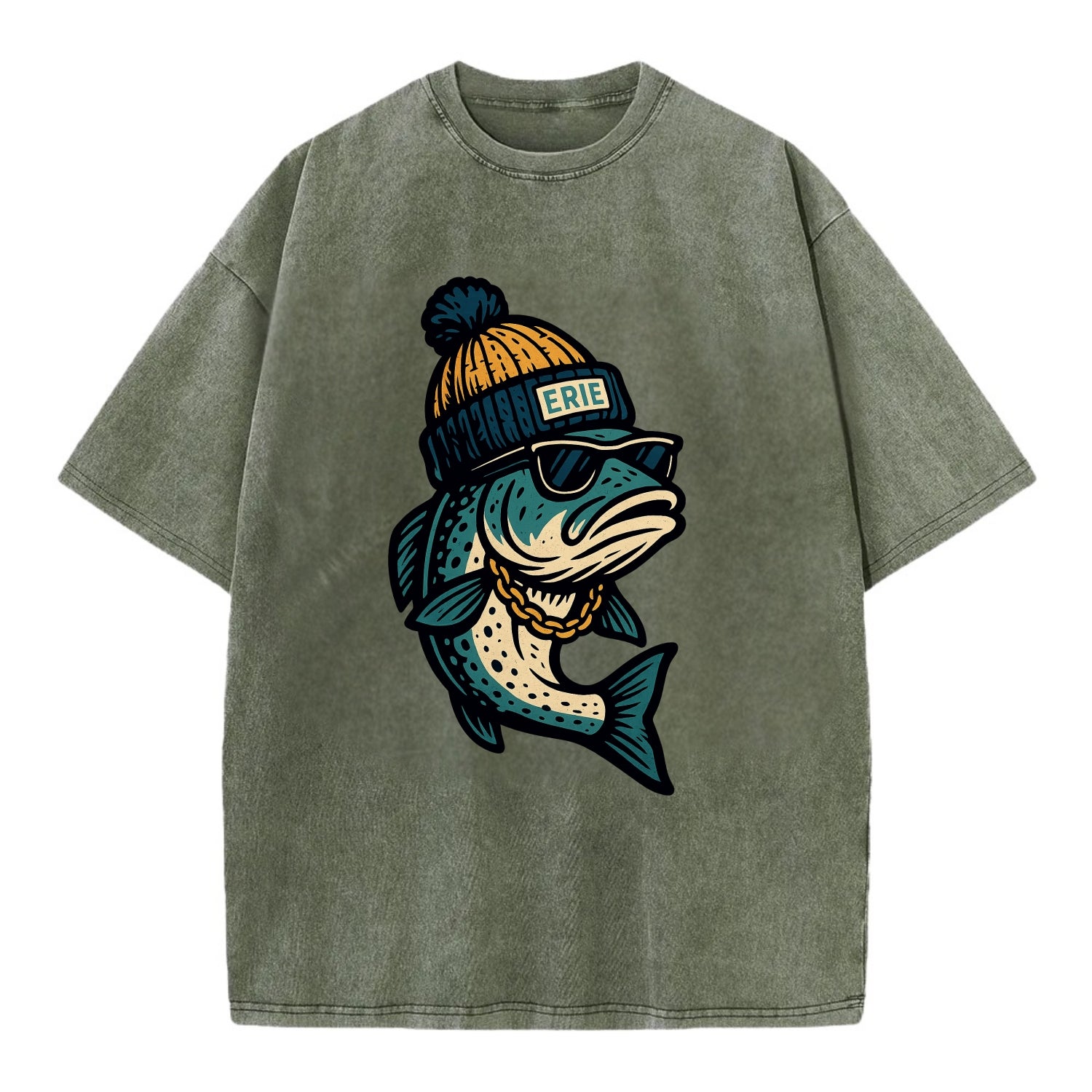 Erie Lake Trout wearing Erie beanie with - Vintage T-shirt - Army Green