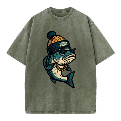 Erie Lake Trout wearing Erie beanie with - Vintage T-shirt - Army Green