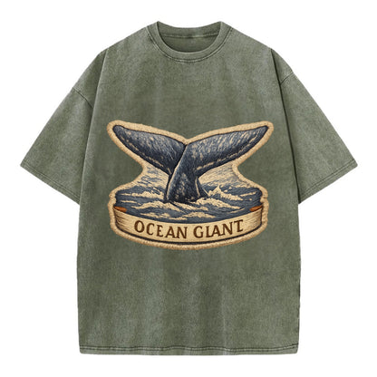 WHALE TAIL - diving whale in blue and gray , ocean giant - Vintage T-shirt - Army Green