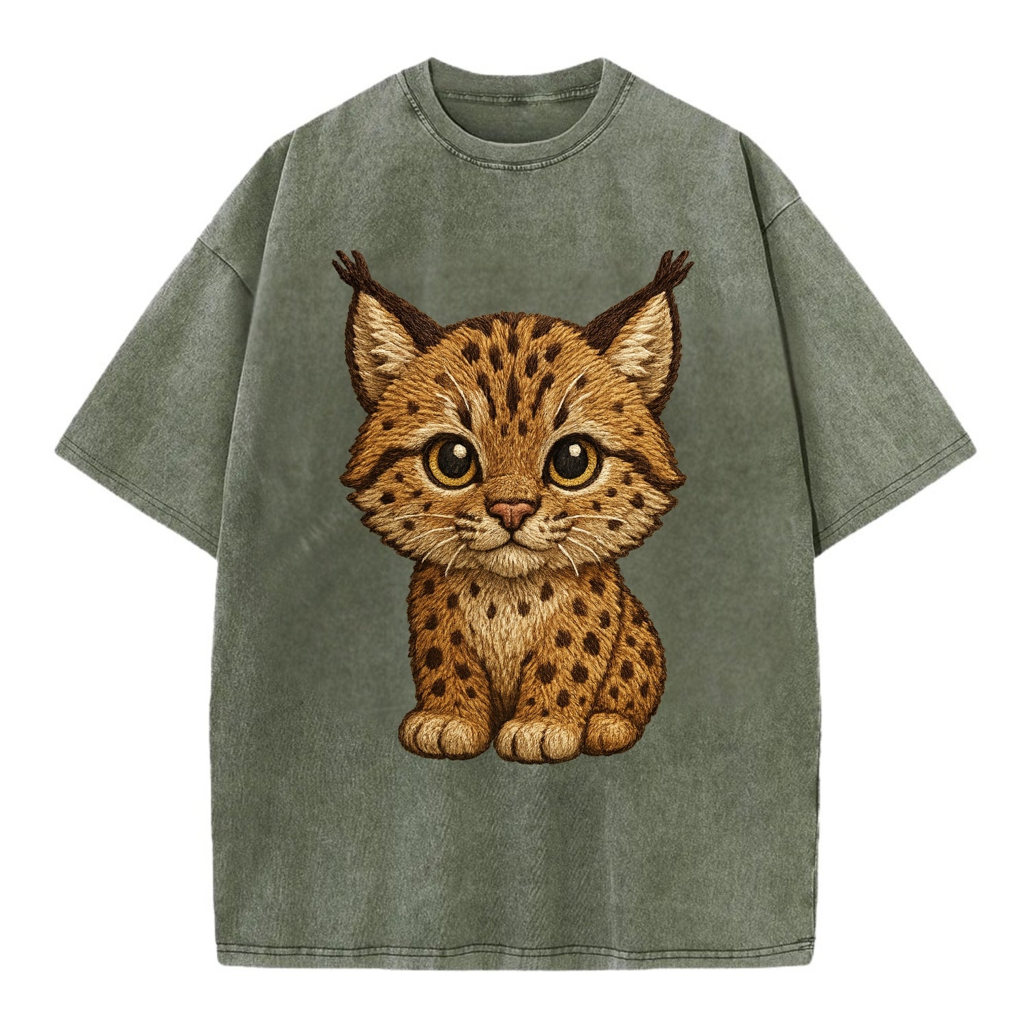 Baby Lynx Cub - tufted ears, spotted fur, golden eyes, front-facing, wild baby - Vintage T-shirt - Army Green