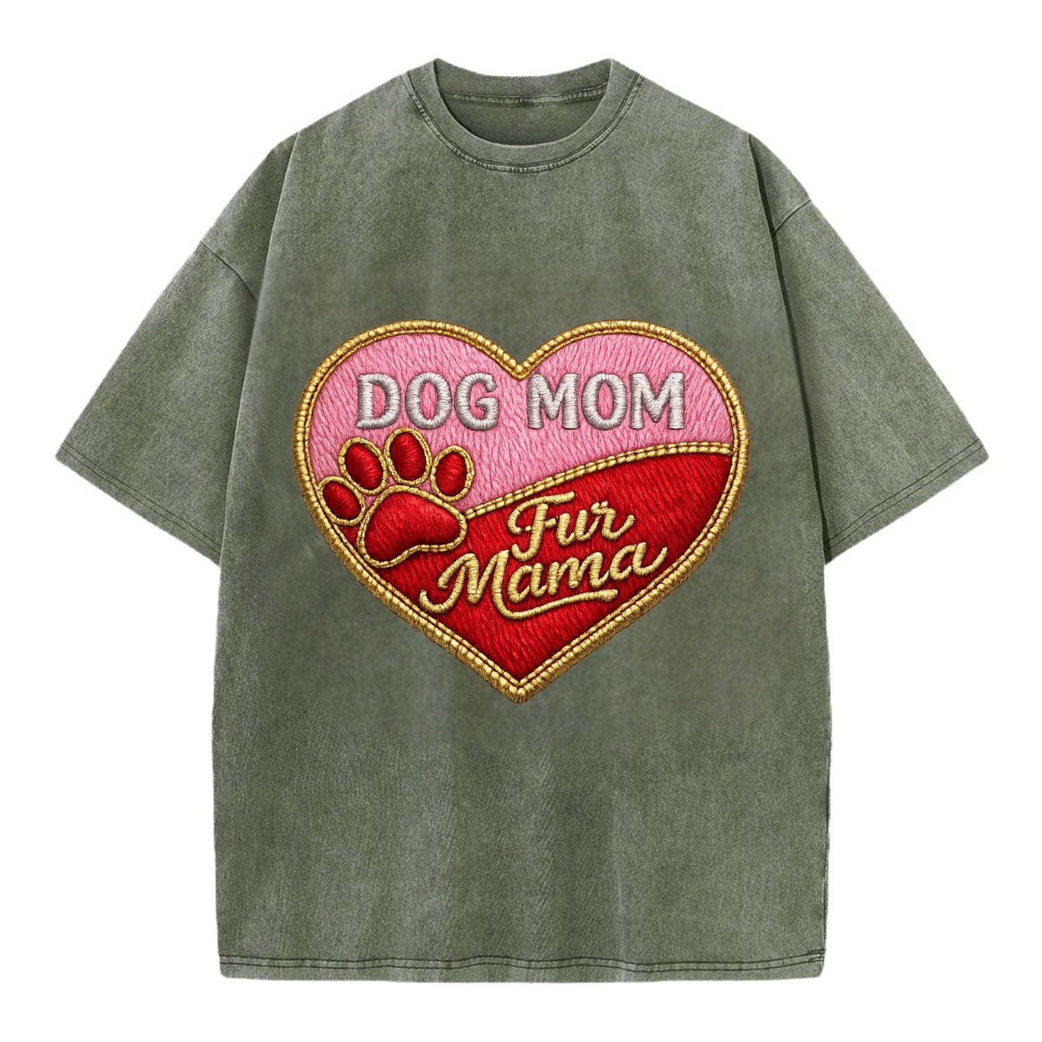 DOG MOM HEART - heart with paw print in pink and red , fur mama - Vintage T-shirt - Army Green