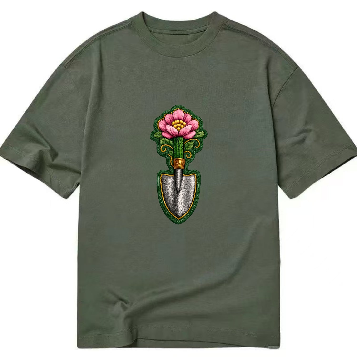 Embroidered patch design - GARDENING TROWEL FLOWER - garden tool with blooming - Classic T-shirt - Army Green