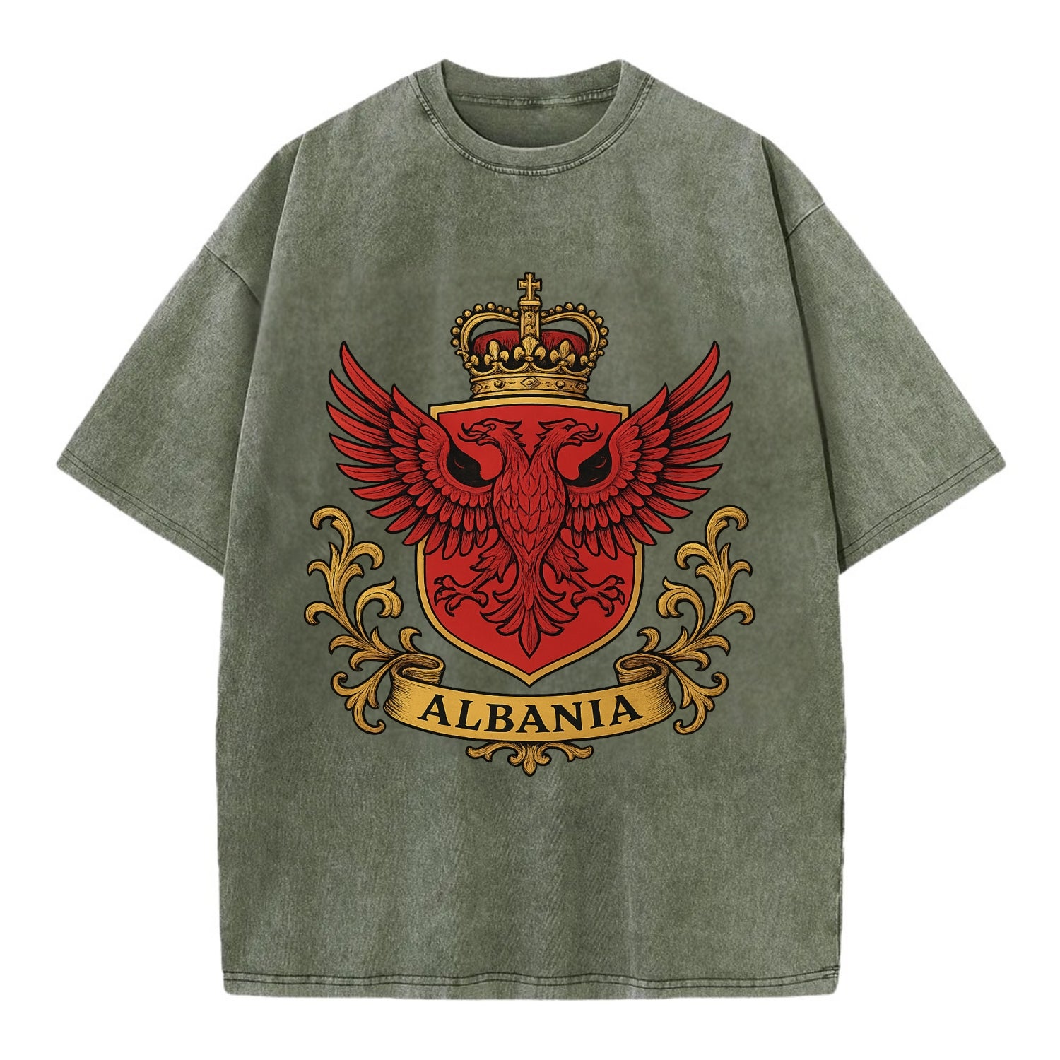 Albania Heritage Badge  - Vintage T-shirt - Army Green