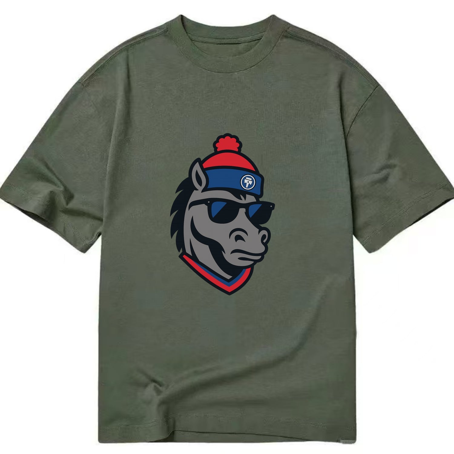 Detroit Stallion wearing Pistons red and blue beanie with piston patch and - Classic T-shirt - Army Green