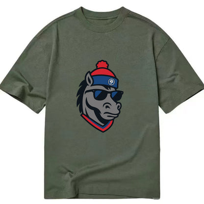 Detroit Stallion wearing Pistons red and blue beanie with piston patch and - Classic T-shirt - Army Green