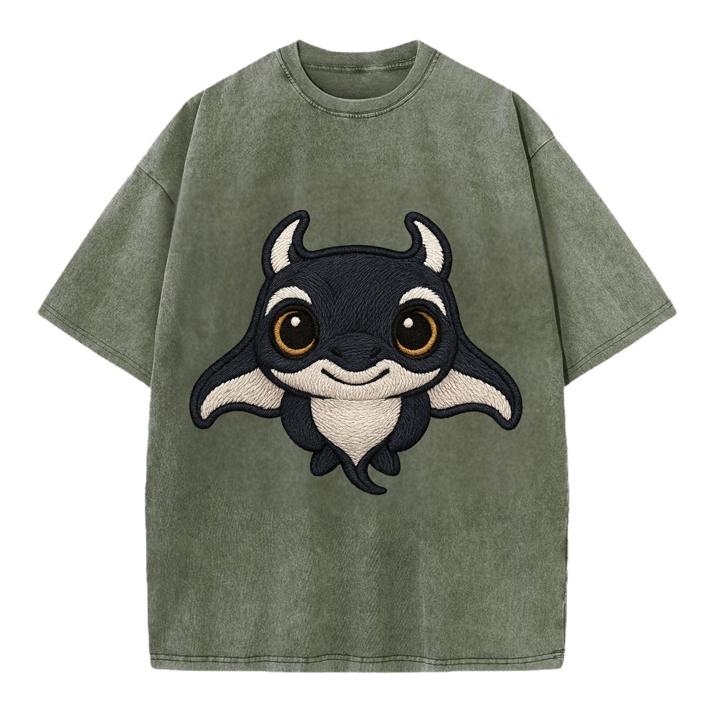 Baby Manta Ray - dark with white markings, cephalic fins, gentle eyes, - Vintage T-shirt - Army Green