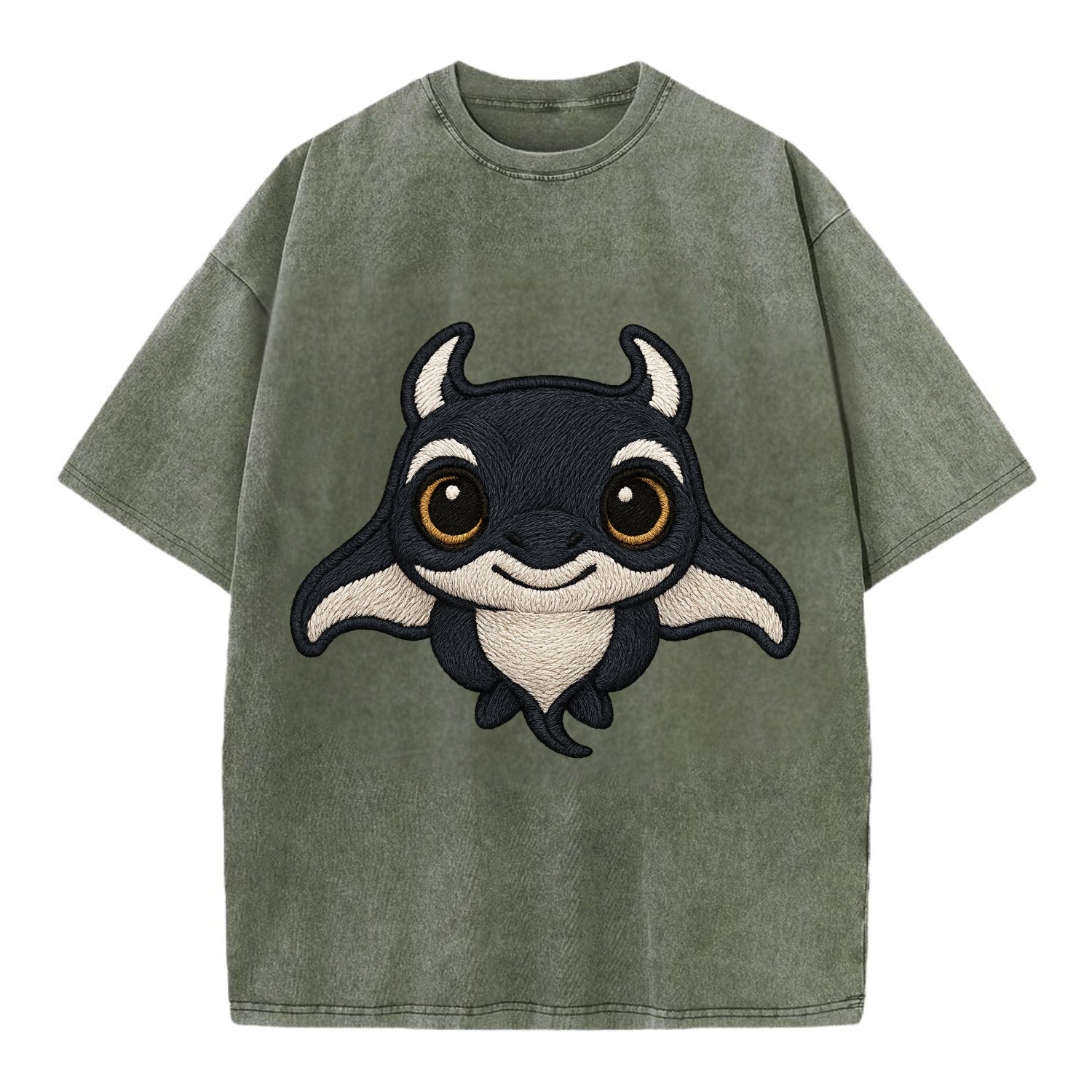 Baby Manta Ray - dark with white markings, cephalic fins, gentle eyes, - Vintage T-shirt - Army Green