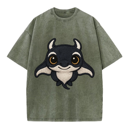 Baby Manta Ray - dark with white markings, cephalic fins, gentle eyes, - Vintage T-shirt - Army Green