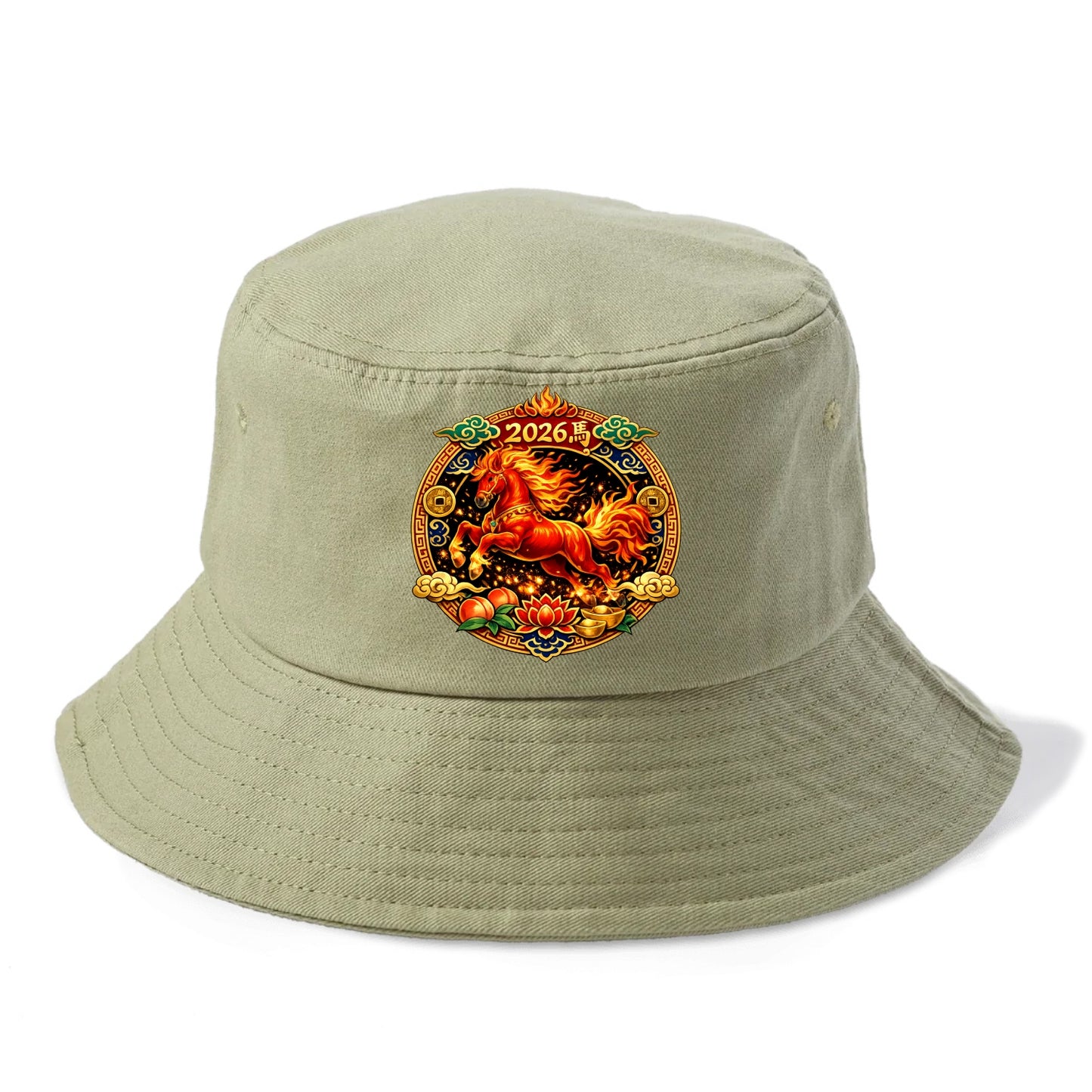 FIRE HORSE | Flaming mane and tail horse | Blazing orange and red colors | Dynamic - Bucket Hat - Army Green
