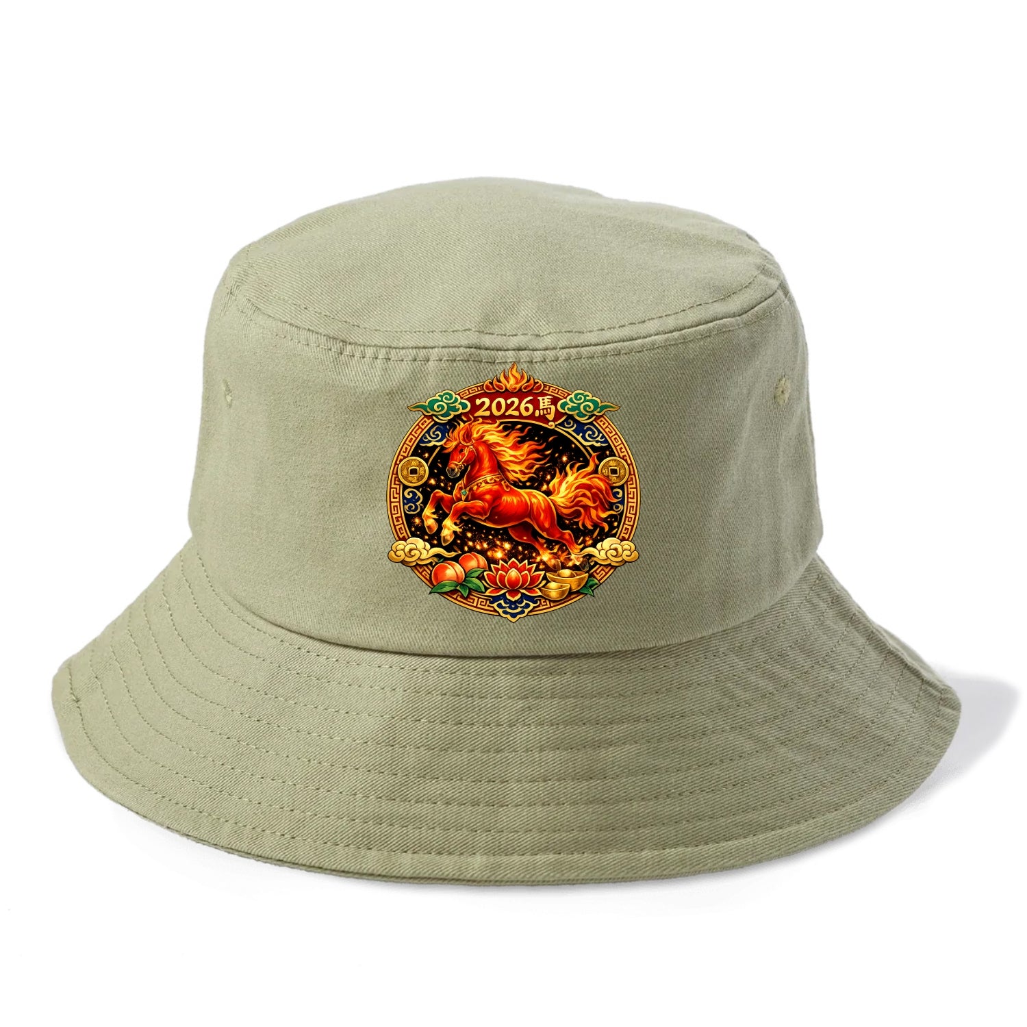 FIRE HORSE | Flaming mane and tail horse | Blazing orange and red colors | Dynamic - Bucket Hat - Army Green