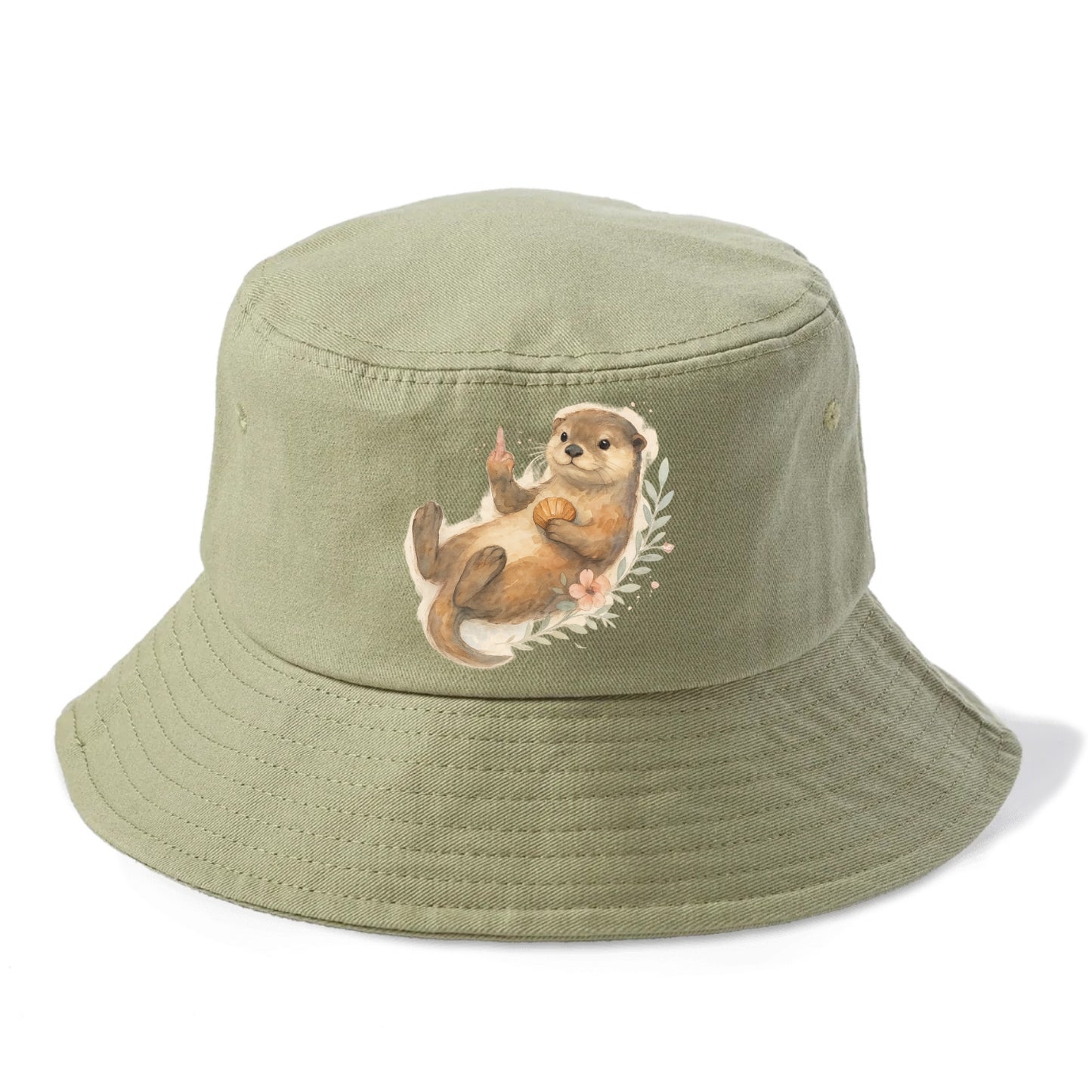adorable otter floating on back, middle finger up while holding a shellfish - Bucket Hat - Army Green