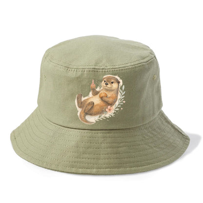 adorable otter floating on back, middle finger up while holding a shellfish - Bucket Hat - Army Green
