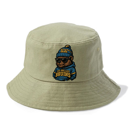 Los Angeles Bruin wearing UCLA beanie with script patch - Bucket Hat - Army Green