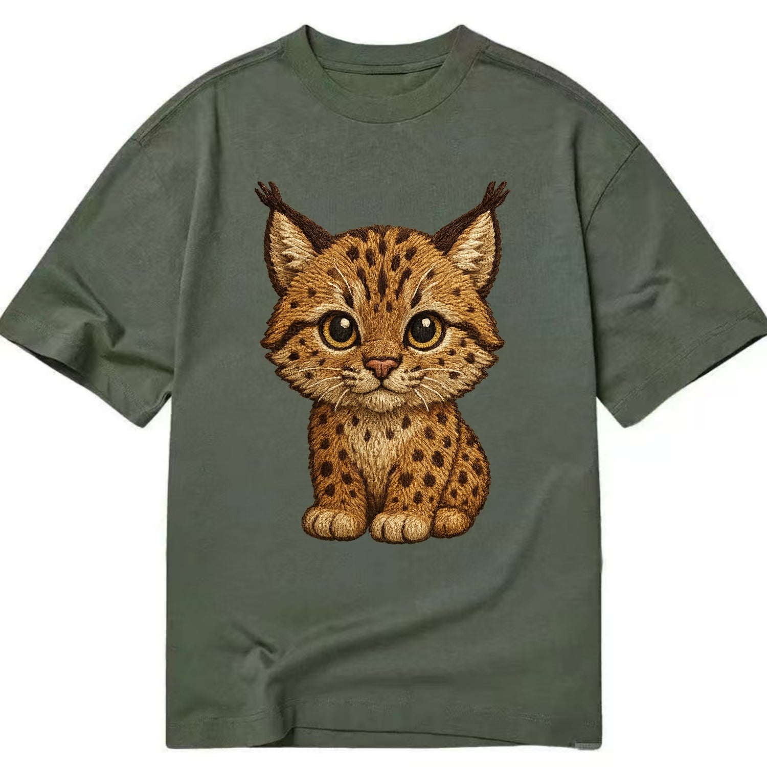 Baby Lynx Cub - tufted ears, spotted fur, golden eyes, front-facing, wild baby - Classic T-shirt - Army Green