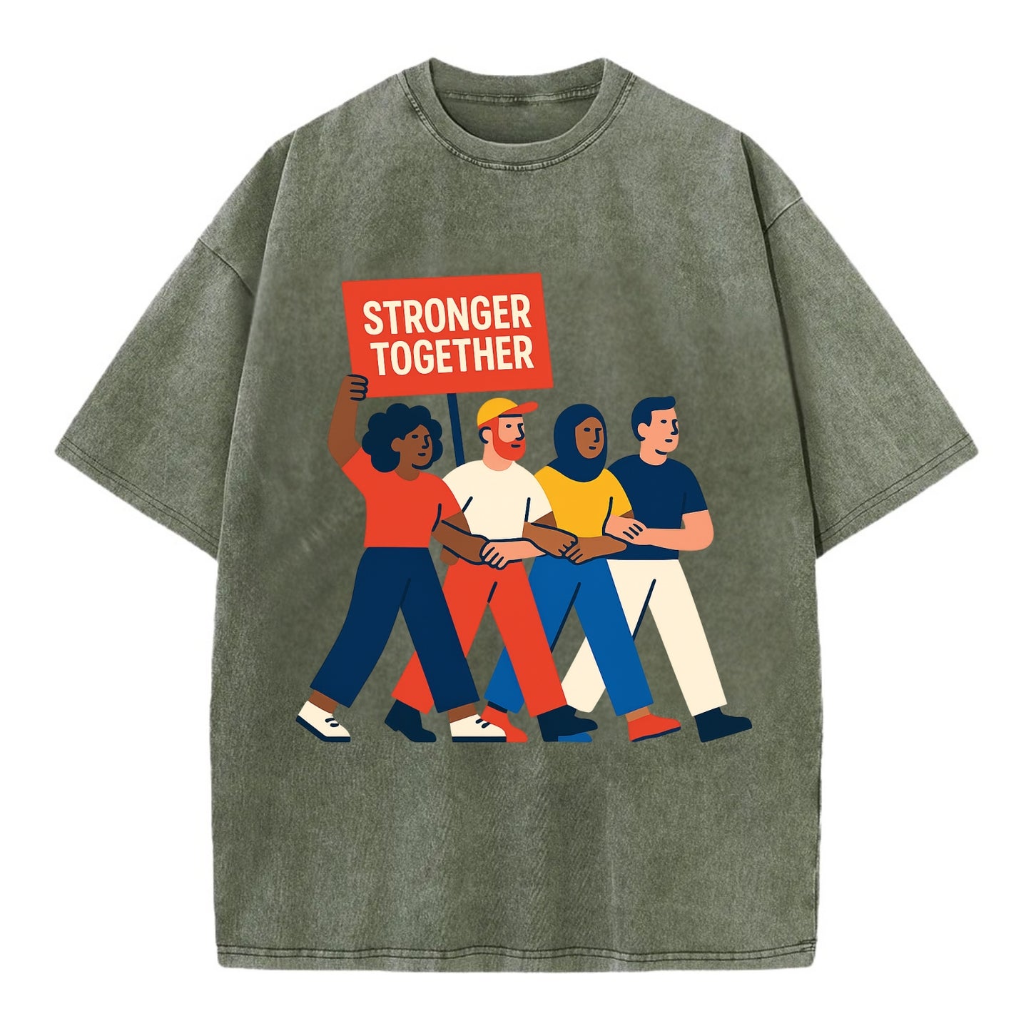 Peaceful protesters marching with linked arms - "Stronger Together" - solidarity - Vintage T-shirt - Army Green