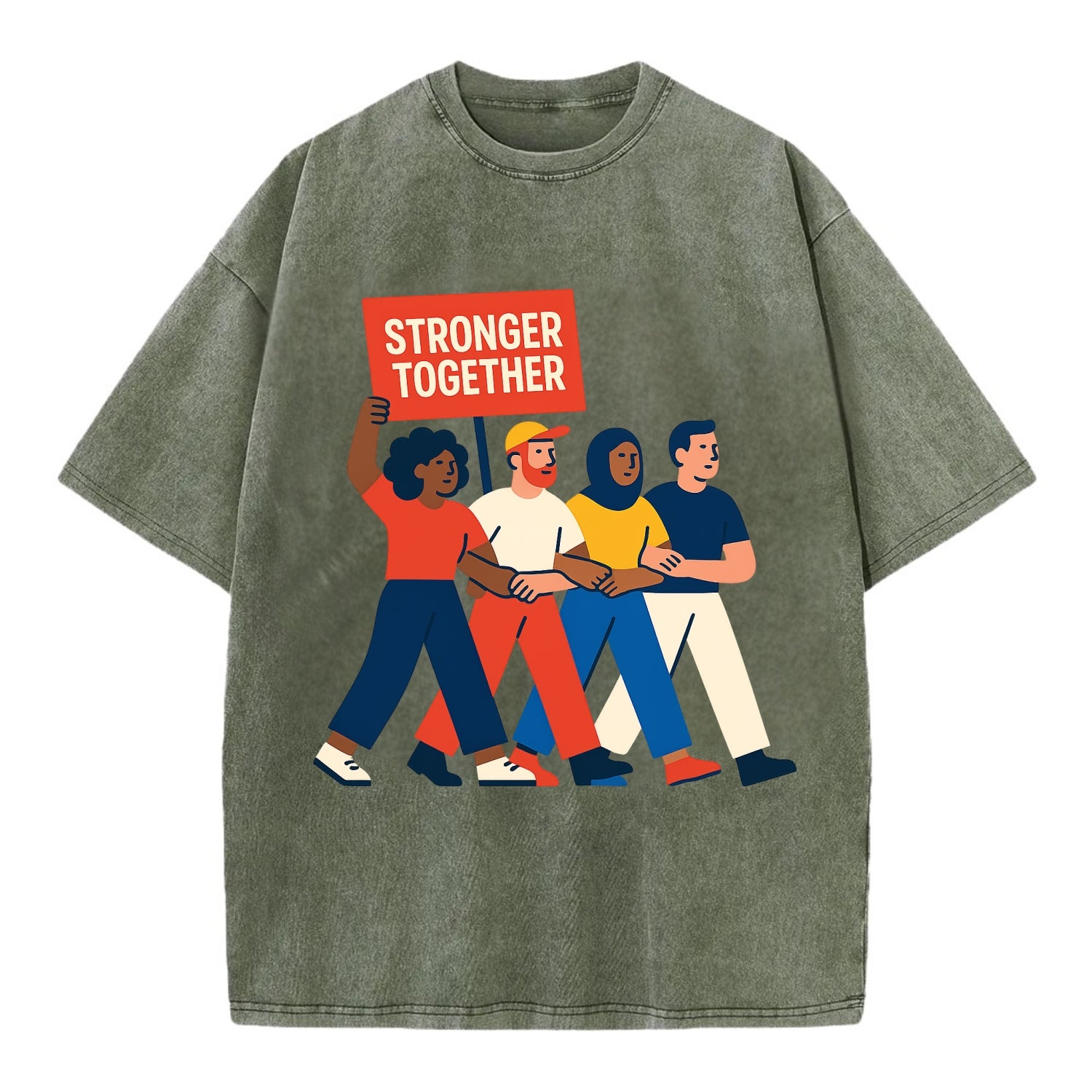 Peaceful protesters marching with linked arms - "Stronger Together" - solidarity - Vintage T-shirt - Army Green