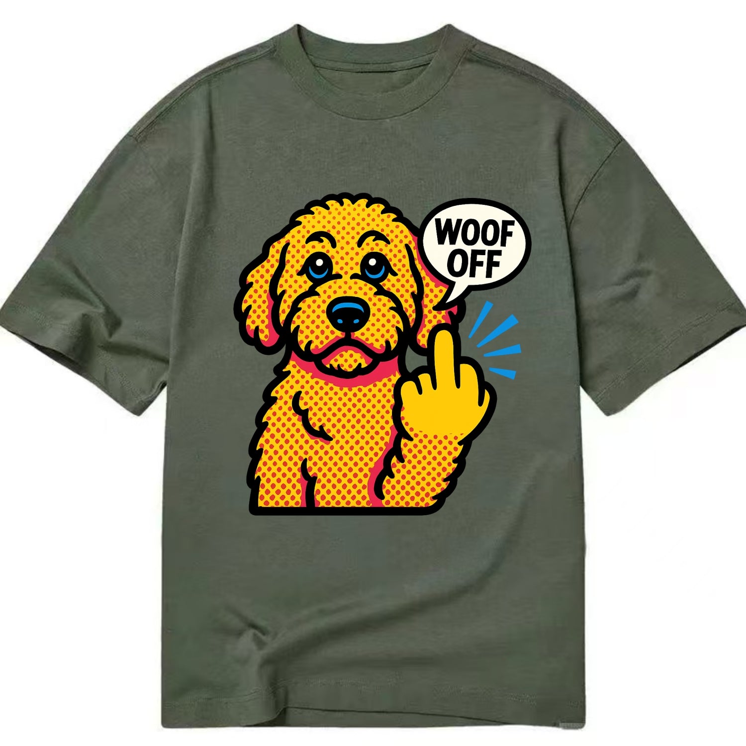 Goldendoodle with teddy bear face and curly golden coat, friendly paw flipping off - Classic T-shirt - Army Green